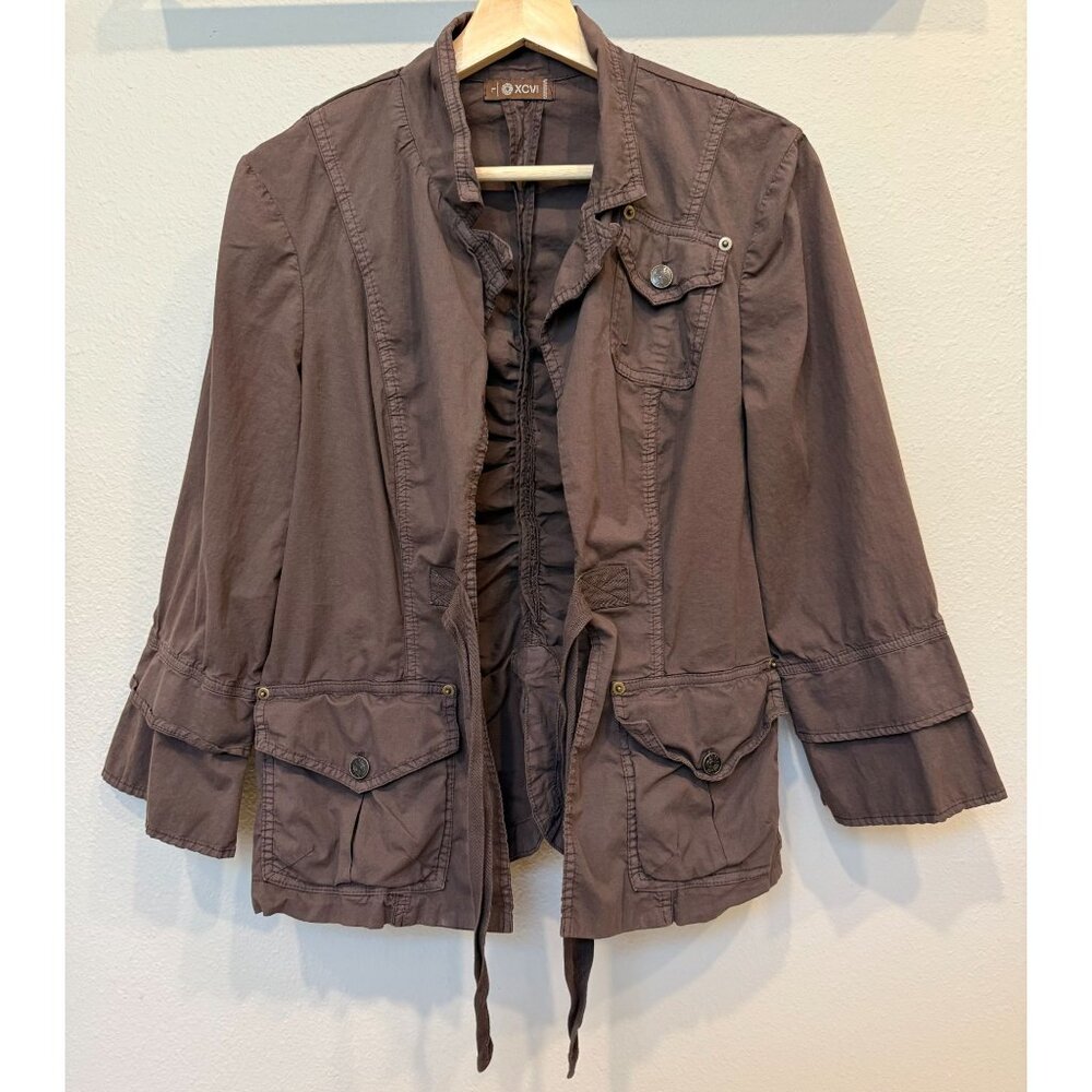 XCVI Women's Utility Tie Front Brown Long Sleeve Jacket Large Pockets Y2K Grunge